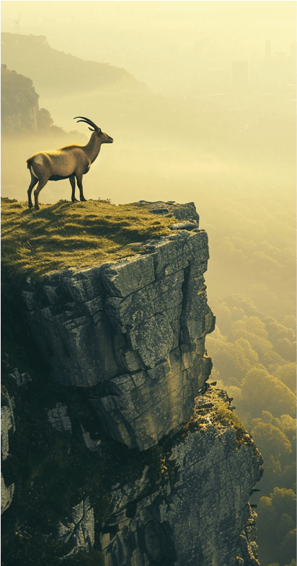 Goat on mountain summit at sunrise